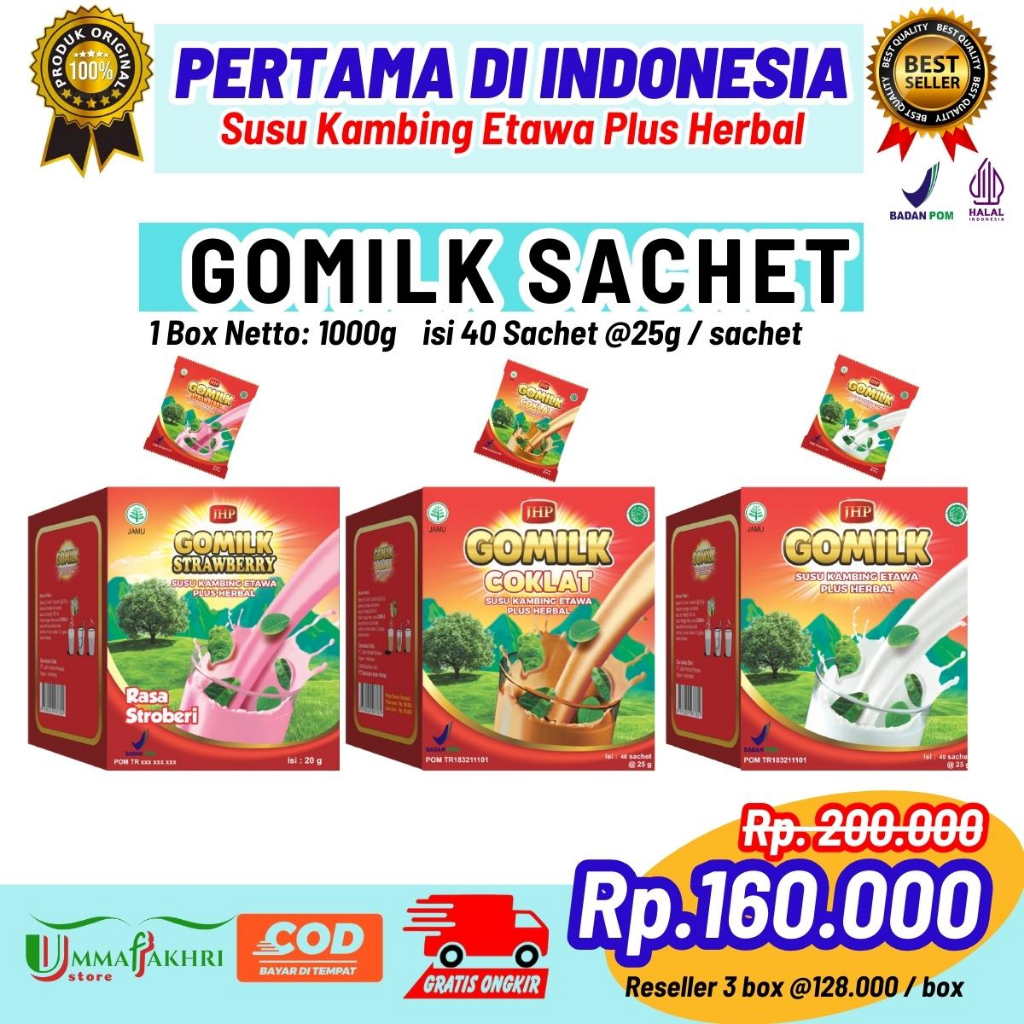 

Gomilk Sachet 1 Netto 1KG isi 40 Susu Kambing Etawa Plus Herbal Praktis Ekonomis