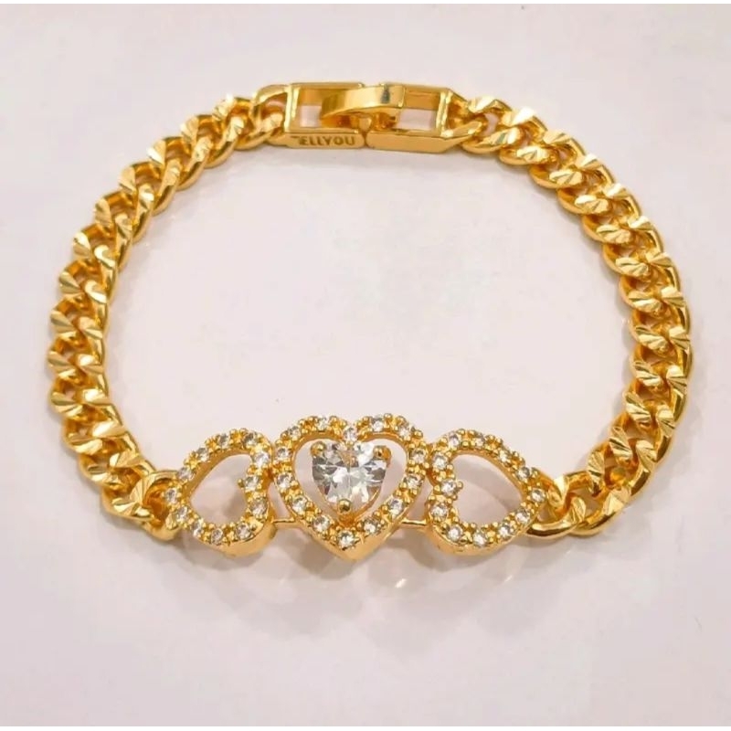 Gelang Rantai Hati premium zircone Lapis Emas Hongkong