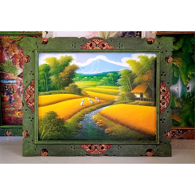 Lukisan pemandangan sawah panen alam pegunungan Lukisan feng shui Lukisan bali