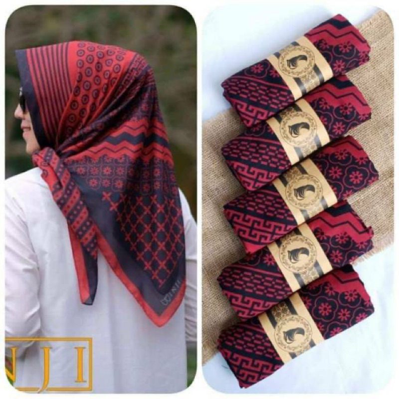 Hijab Segi Empat Motif Denay Inji Warna Merah Maroon Kerudung Jilbab