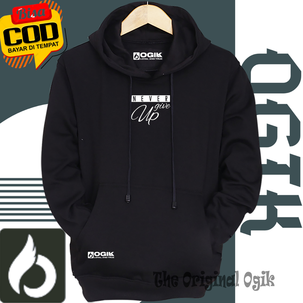 Switer Pria Distro Tebal Warna Hitam Never Give Up Box Style Sablon Putih Hoodie Oversize Wanita Kor