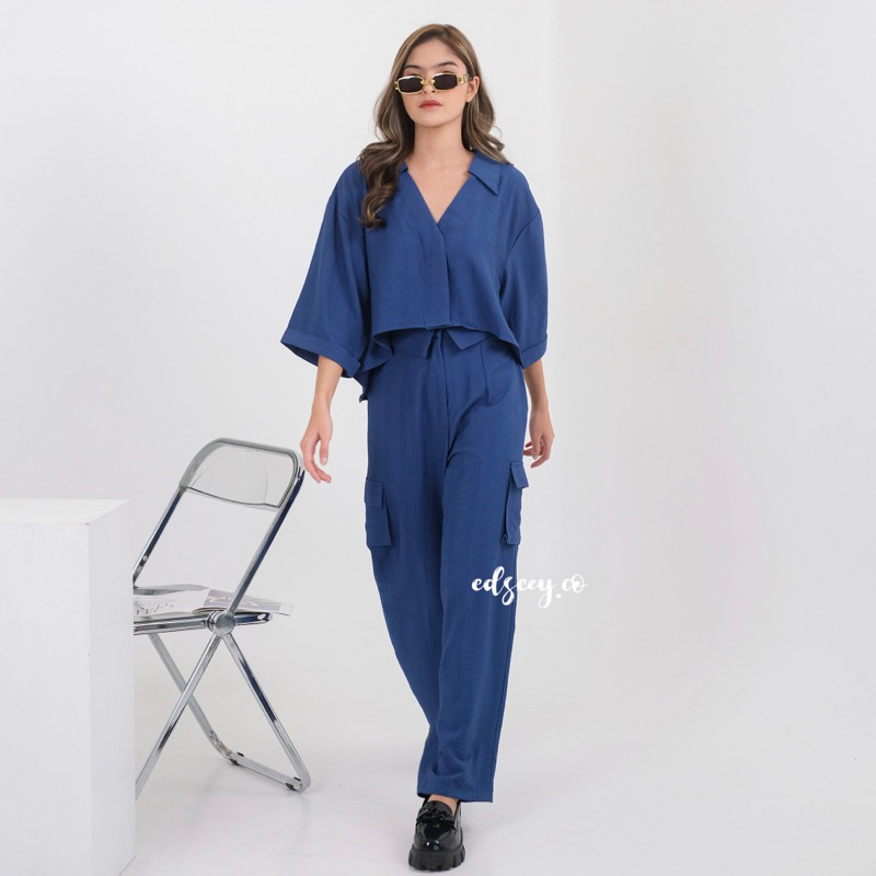 Nency one set fold pants | one set linen tekstur premium | kode EN238