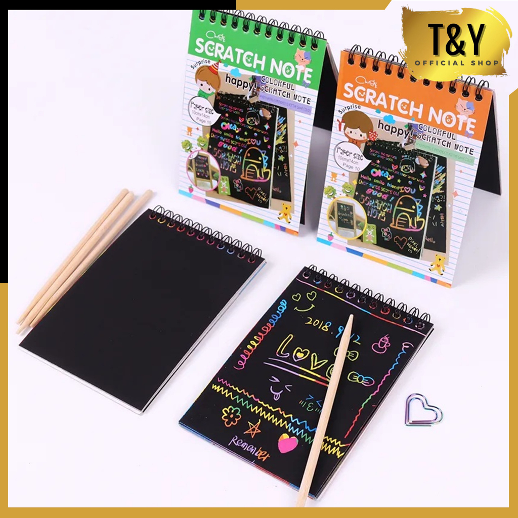 

T&Y Buku Sketsa Grafiti Warna-warni Kertas Mini Tulis Gores Gambar DIY Sscratch Paper Note Black Cardboard Mini Hadiah Alat Tulis Mainan Edukasi