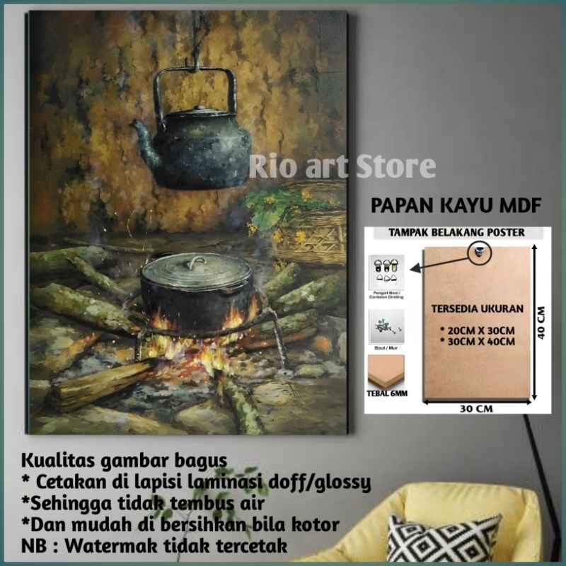 Hiasan dinding bahan papan kayu mdf poster barang antik teko zaman dulu untuk walldekor atau pajanga
