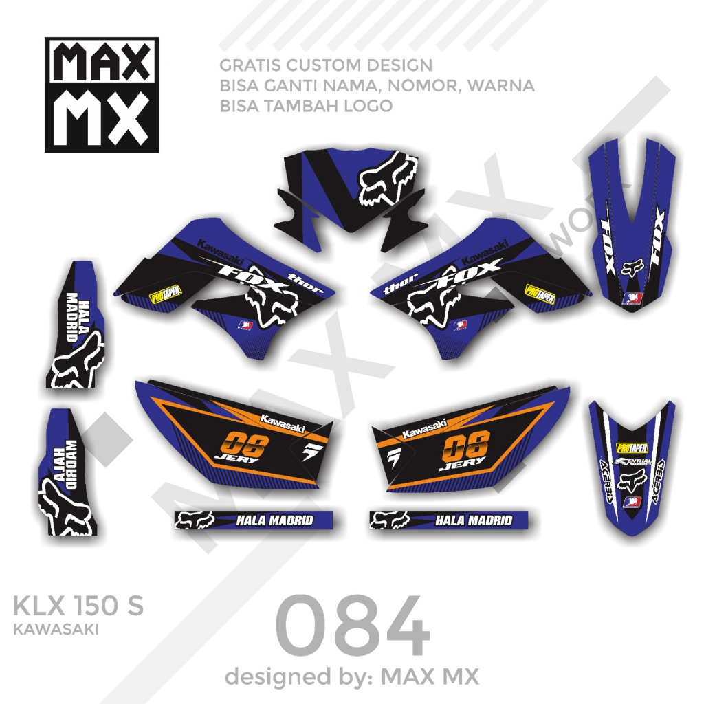 decal keren stiker full body klx 150 s variasi striping motif fox biru hitam list oren