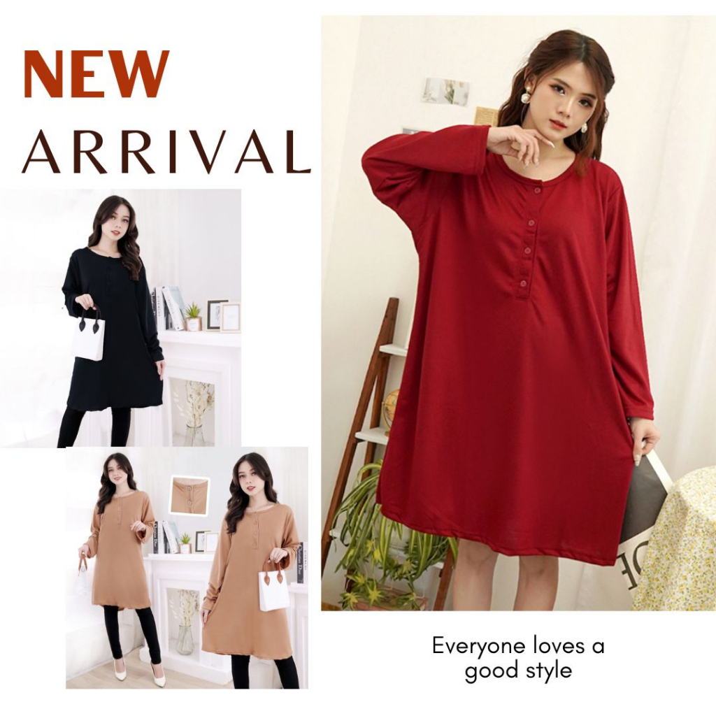 Baju Wanita Tunik Jumbo Polos Busui Bumil Kancing Depan Big Size Bahan Kaos Lengan Panjang Cewek 3 S