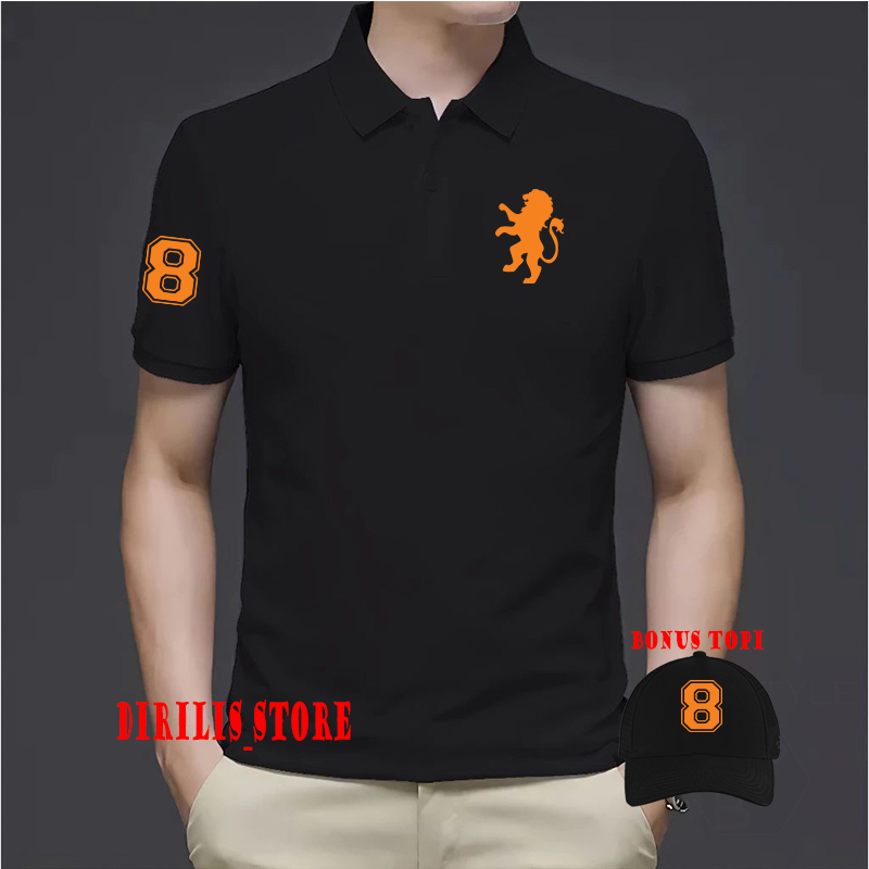 BONUS TOPI  Kaos Polo Kerah Pria & Wanita Giordano Lion Text Kuning Premium Unisex
