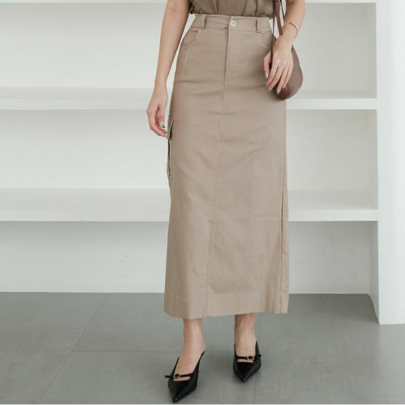 Hailey Maxi Cargo Skirt Jeans Black Rok Slit Span Panjang Hitam Cream Rok Jeans Wanita