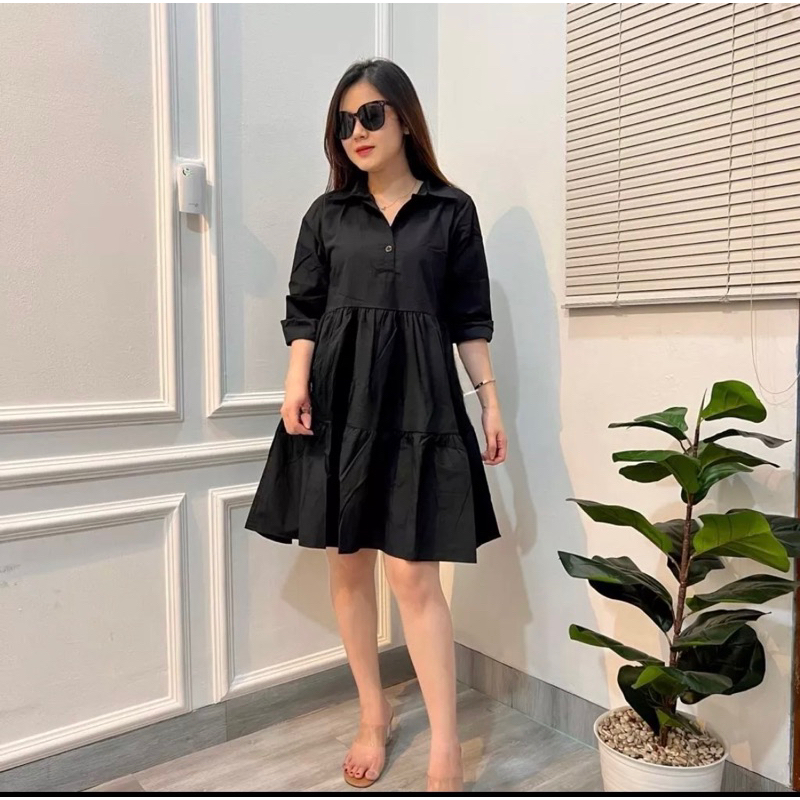 midi dress hitam korea style