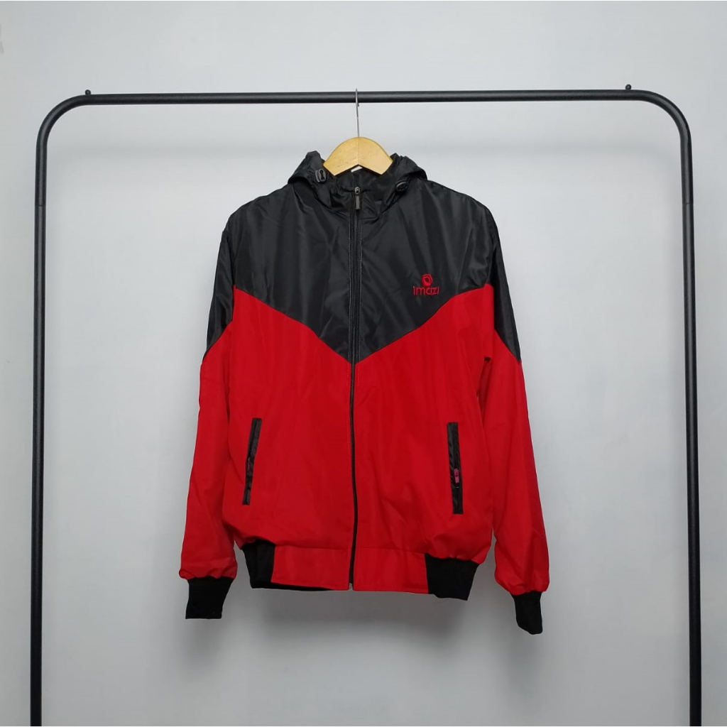 Jaket Olahraga Parasut Windrunner Kombinasi Hitam Merah