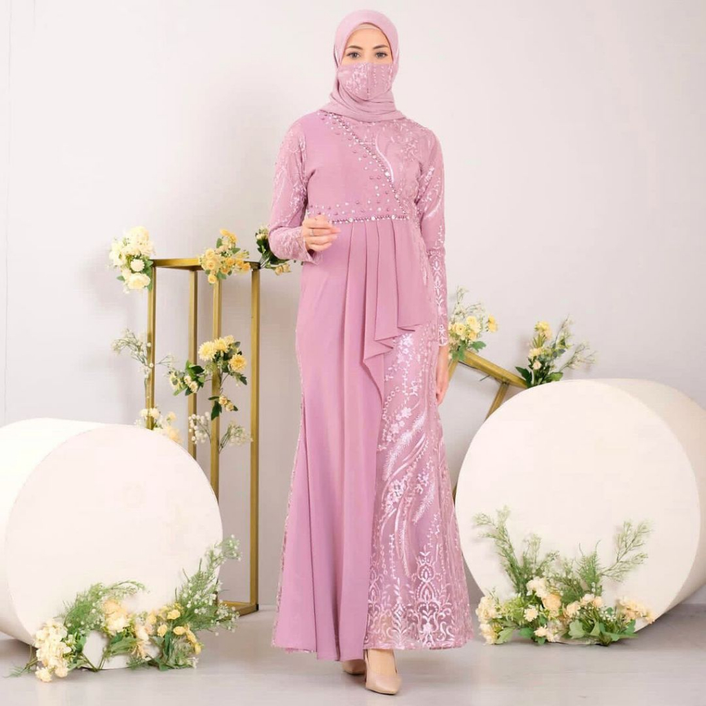 Gamis Yuma Satin Full Brokat Kombinasi Tile Ceruti Mutiara Busui Mewah Dress Pesta Kondangan Pernika