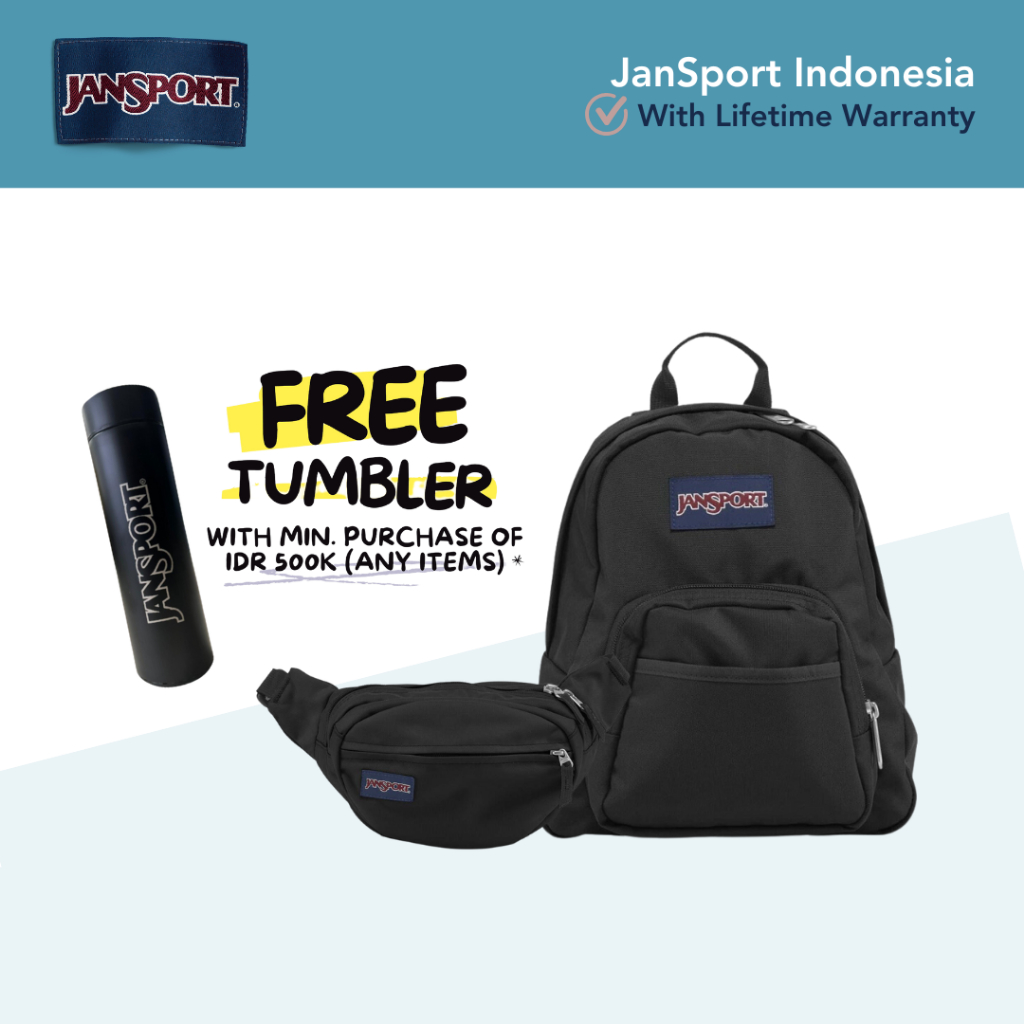 JanSport Paket Bundling Mini Ransel Half Pint Black Waist Bag Fifth Avenue Free Tumbler 500ML