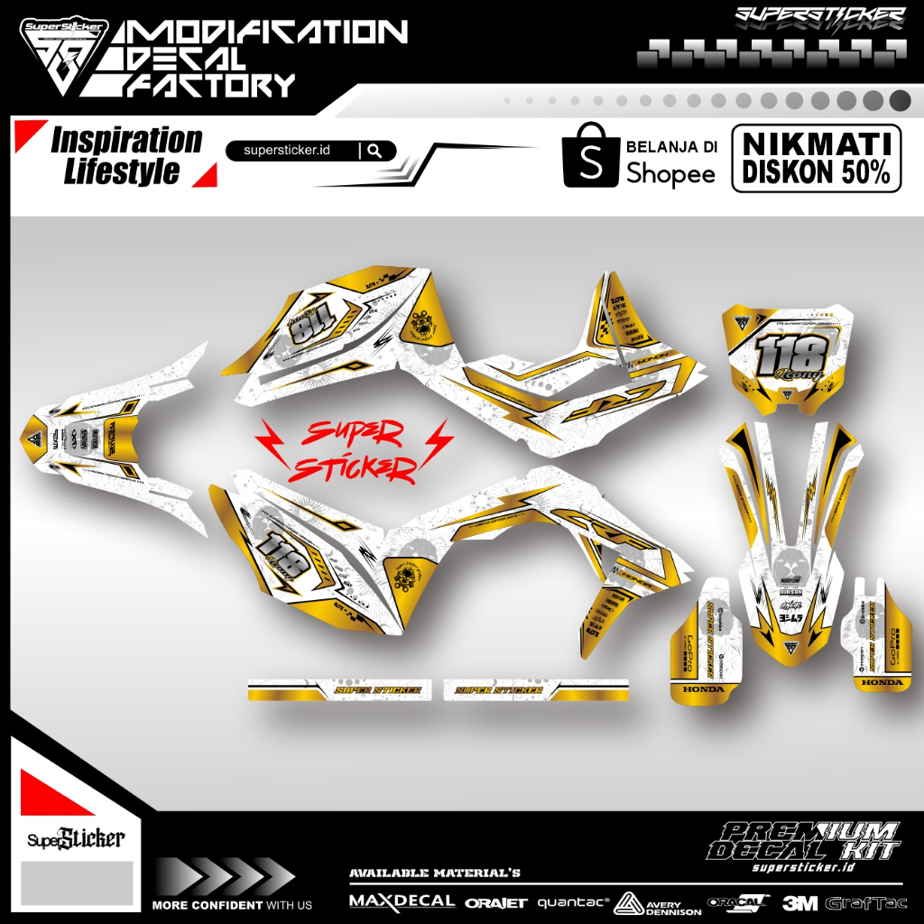Decal Premium Trail KLX KTM WR CRF YZ Kombinasi Gold Chrome dan White Chrome