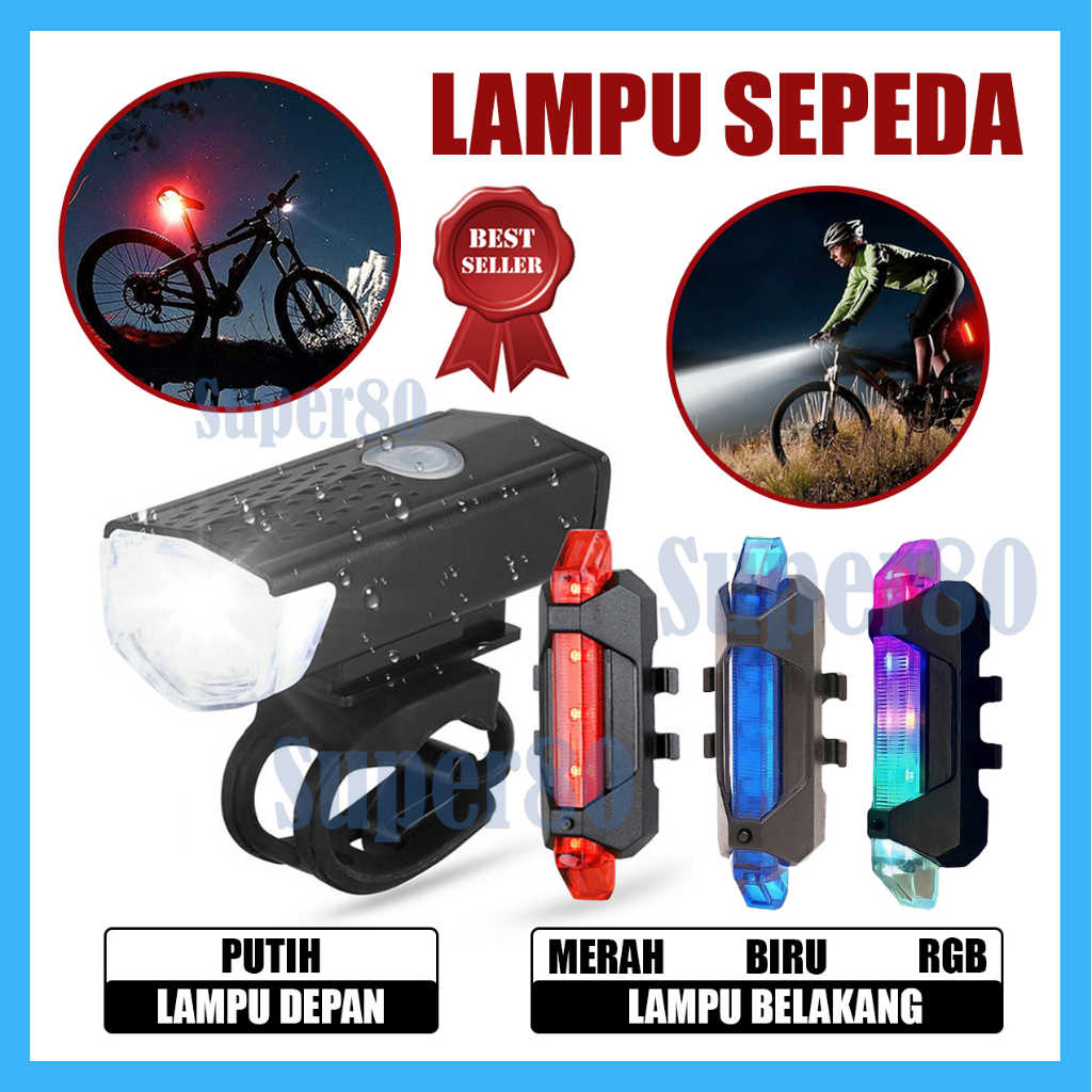 Lampu Sepeda LED Depan Putih Belakang Biru Merah Multi Warna Rechargeable USB