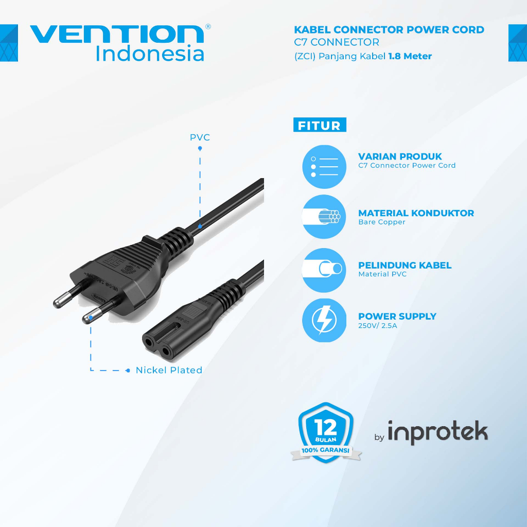 Vention Kabel Power Supply Colokan Kabel Prong Power AC Power Cord SNI