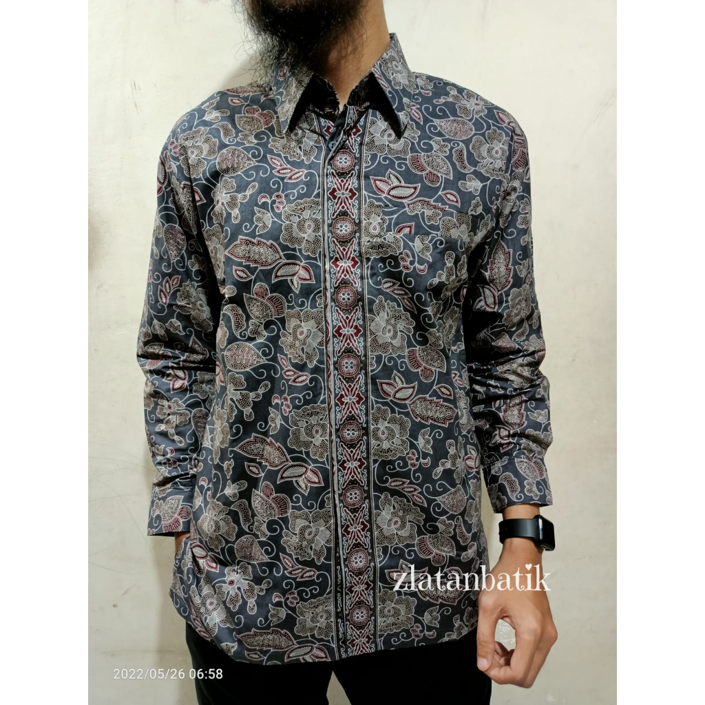 BAJU BATIK SOLO BUNGA ABU PRIA LENGAN PANJANG KATUN
