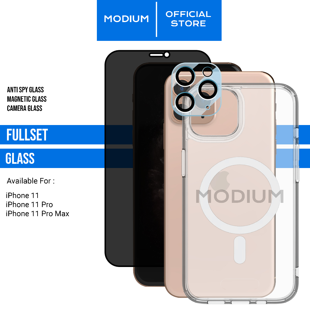 MODIUM Fullset Depan Magsafe + Anti gores Anti Spy + Kamera Glass + Back Tempered Glass Untuk Iphone