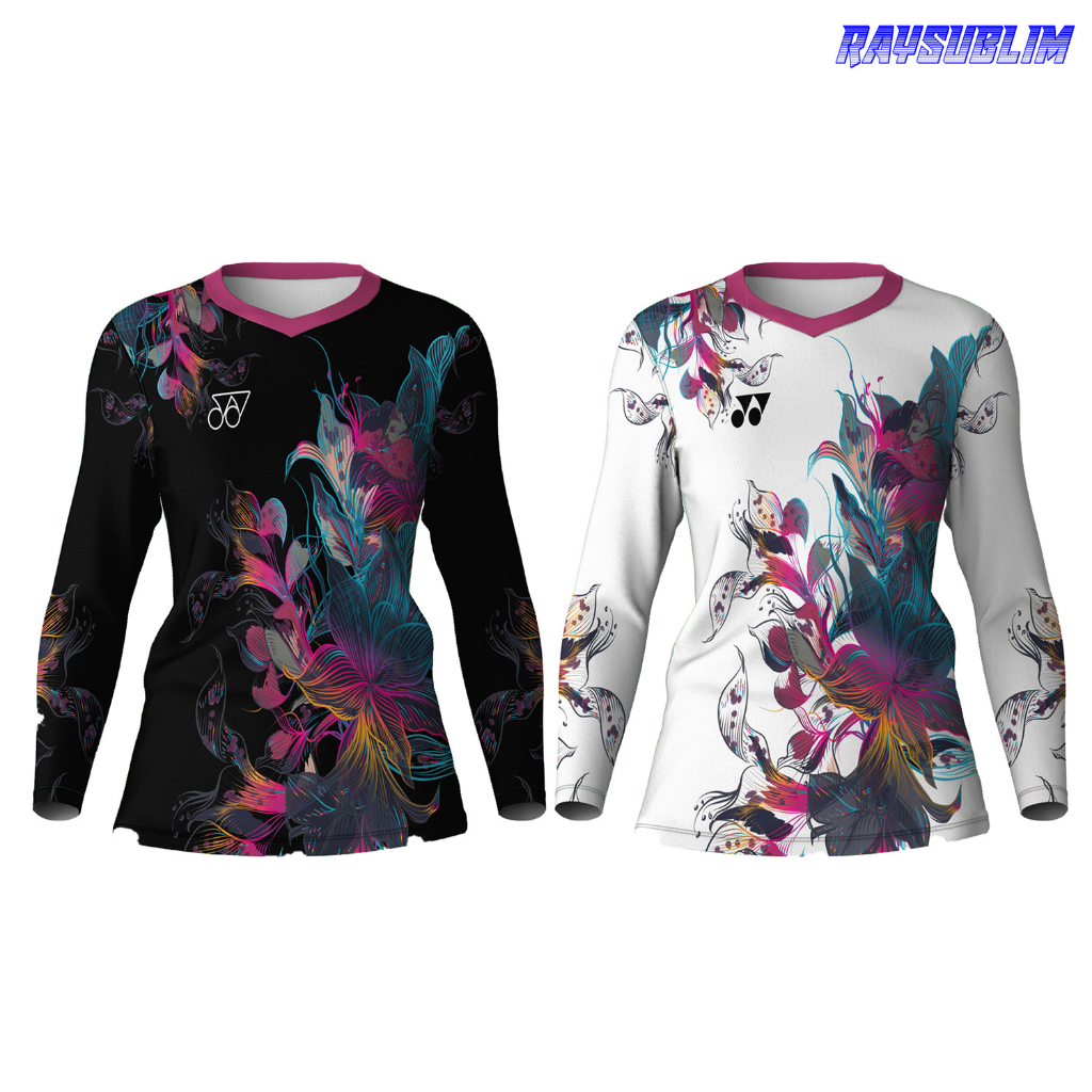 RB Baju Kaos Jersey Wanita Badminton Bulutangkis Olahraga Lengan Panjang Motif Bunga Printing