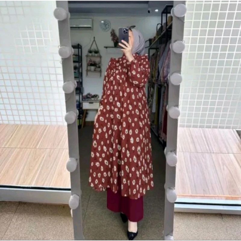 One set Long tunik citra // baju setelan wanita // oneset ceruty babydoll motif bunga
