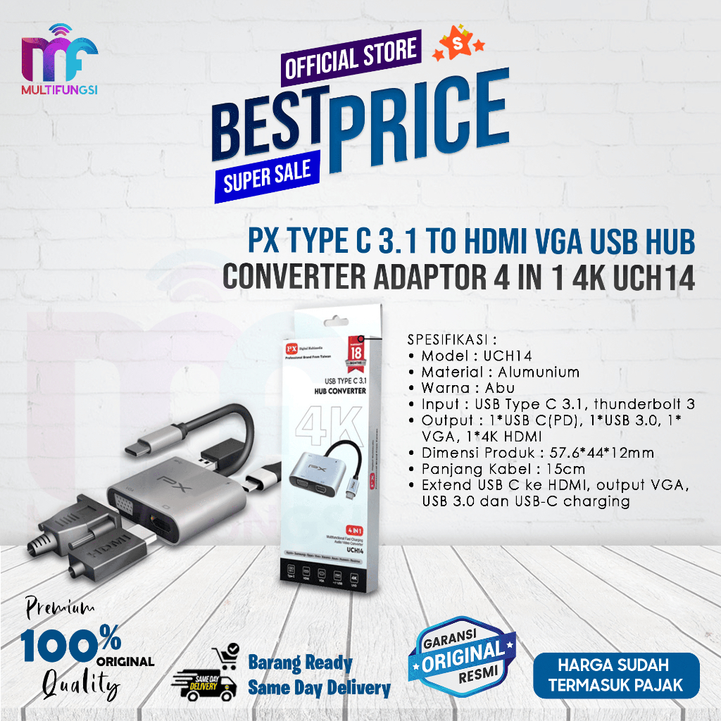 PX Adaptor Hub Converter UCH14 Type C 3.1 to HDMI VGA USB 4 in 1 4K