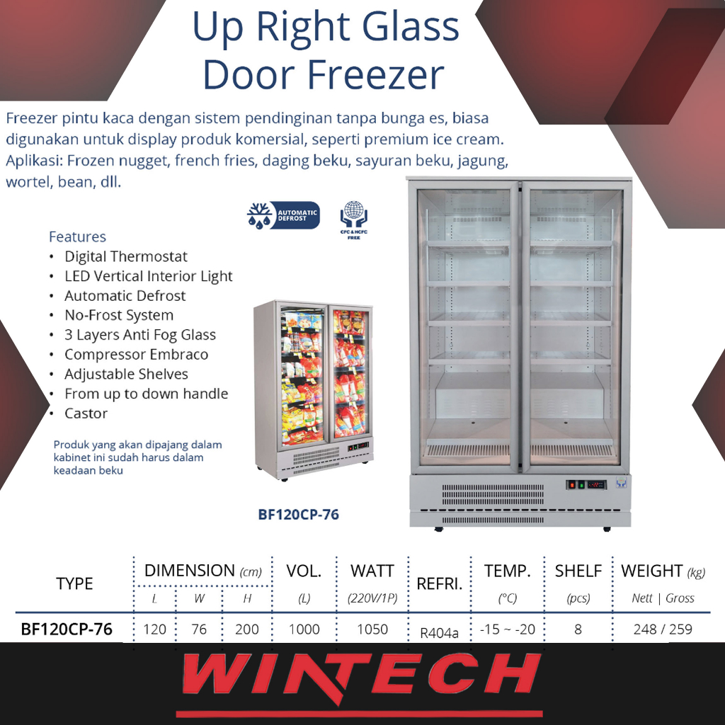 GEA BF120CP-76 Up Right Glass Door Freezer - Freezer Showcase untuk Pemajang Ice Cream Frozen Food