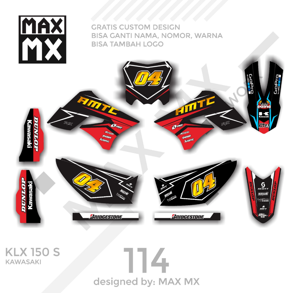 Stiker sticker decal motor klx 150 s Motif hitam merah gold keren