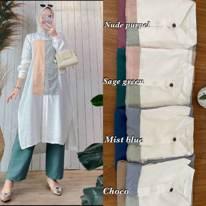 SETELAN TUNIK REMAJA MASAKINI ONE SET KULOT LONG TUNIK LINEN BORDIR