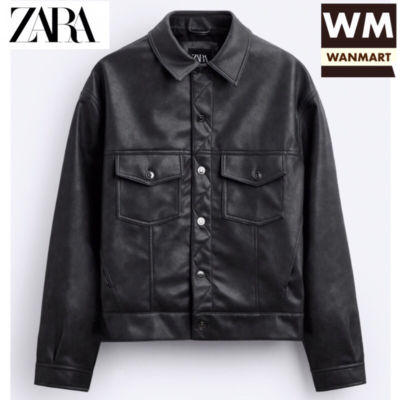 ZARA Men Jacket Leather Effect Boxy Fit Jaket Pria Black