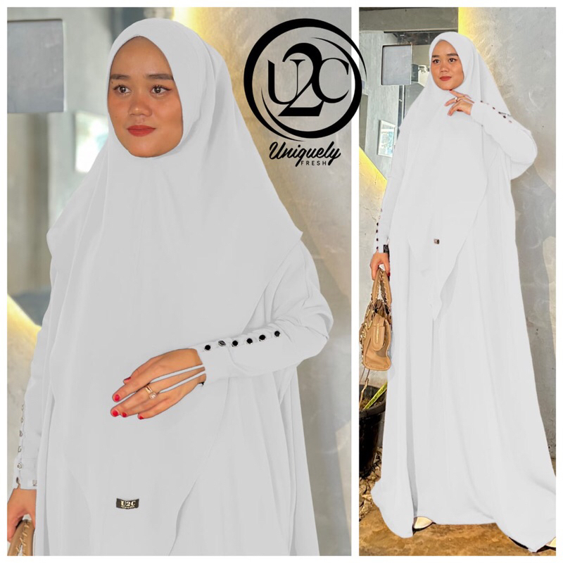 gamis syari set khimar hijab abaya free size Khairiyah putih polos simple simpel santai daily jalan 
