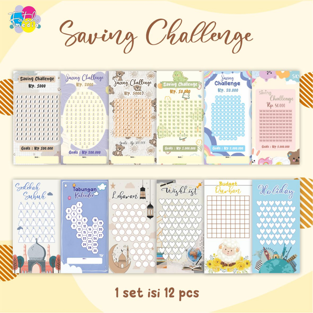 

(ISI 12 PCS) Saving Challenge/Tabungan Target/Kertas Saving Money/Tantangan Tabungan