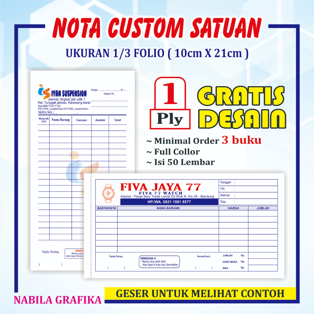 

Nota custom 1/3 folio 1 play isi 100 lembar Cetak nota nama toko olshop sendiri