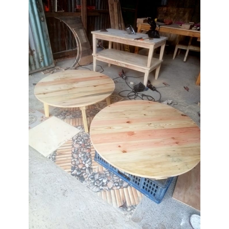 meja lesehan bulat full papan kayu