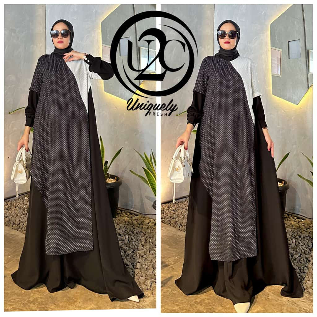 Ghea Dress by U2C - Gamis Polka Hitam Putih Jetblack Unik Polos
