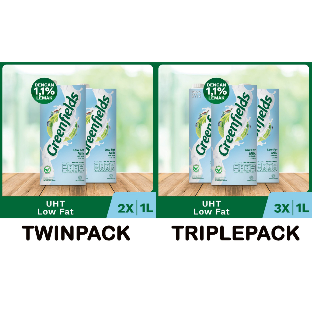 

[Twinpack & Triplepack] Low Fat UHT Susu Greenfields 1 Liter 1L 1000mL gramasi ke 950mL 950 ml