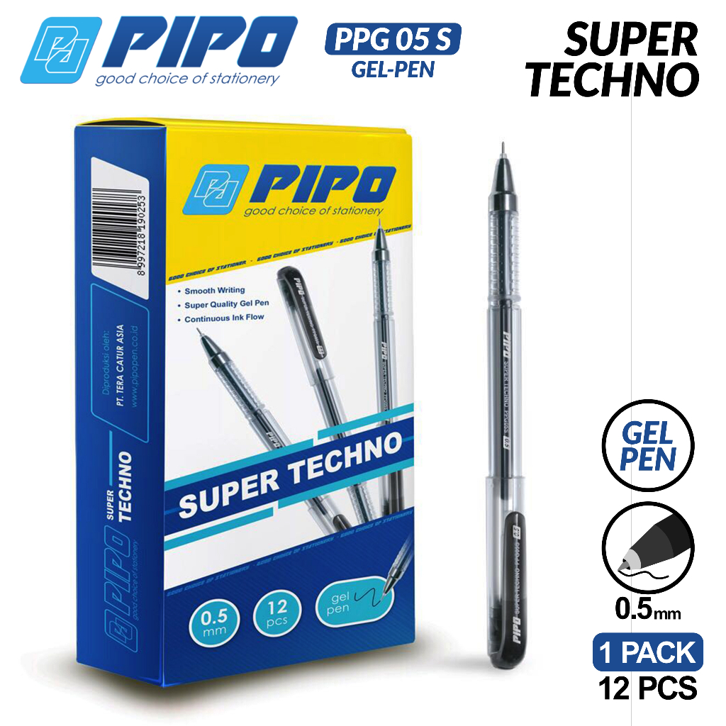 

BOLPEN GEL PIPO (SUPER TECHNO) PPG-05S 0.5 mm HITAM