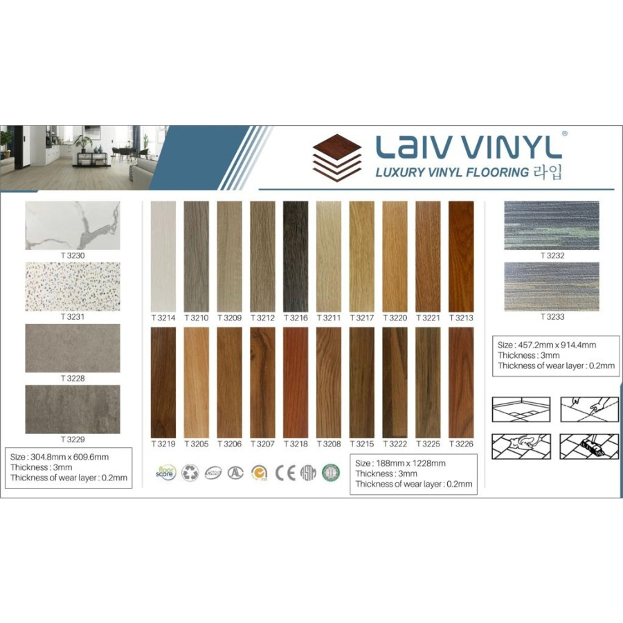 Vinyl Flooring Laiv / Vinyl Lembaran 3mm Motif Kayu / Lantai Vinyl Kayu Plank