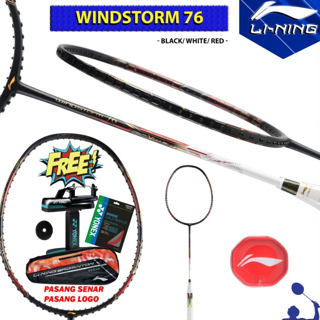Raket Badminton Original Lining New Windstorm 76 WS76 Black White