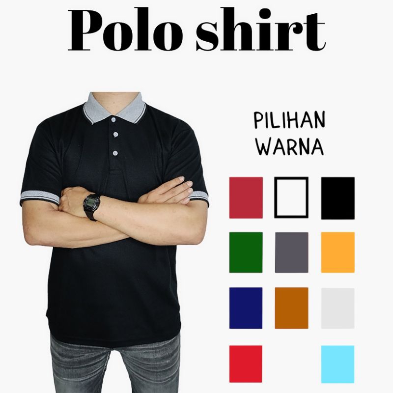 Baju kaos kerah pria polo shirt polos lengan manset kancing depan katun lacos