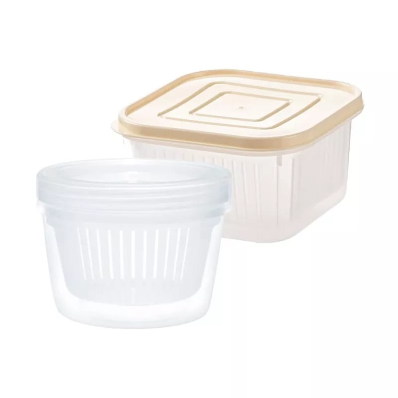 Toples Bulat / Kotak Kontainer / Box Plastik Kulkas Dengan Tirisan Saringan Bawang Sayur Transparan 