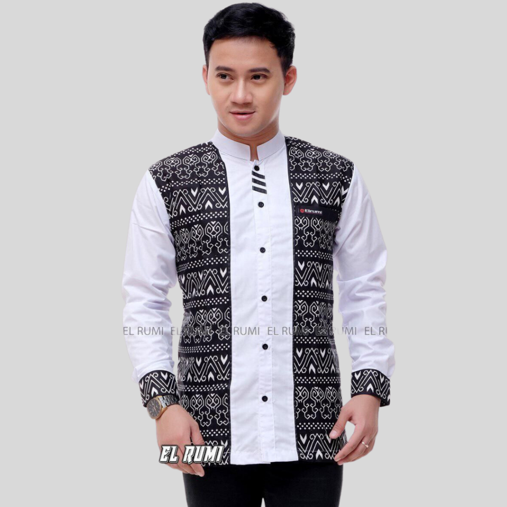 Baju Koko Pria Lengan Panjang Warna Putih Kombinasi Batik Motif  Toraja