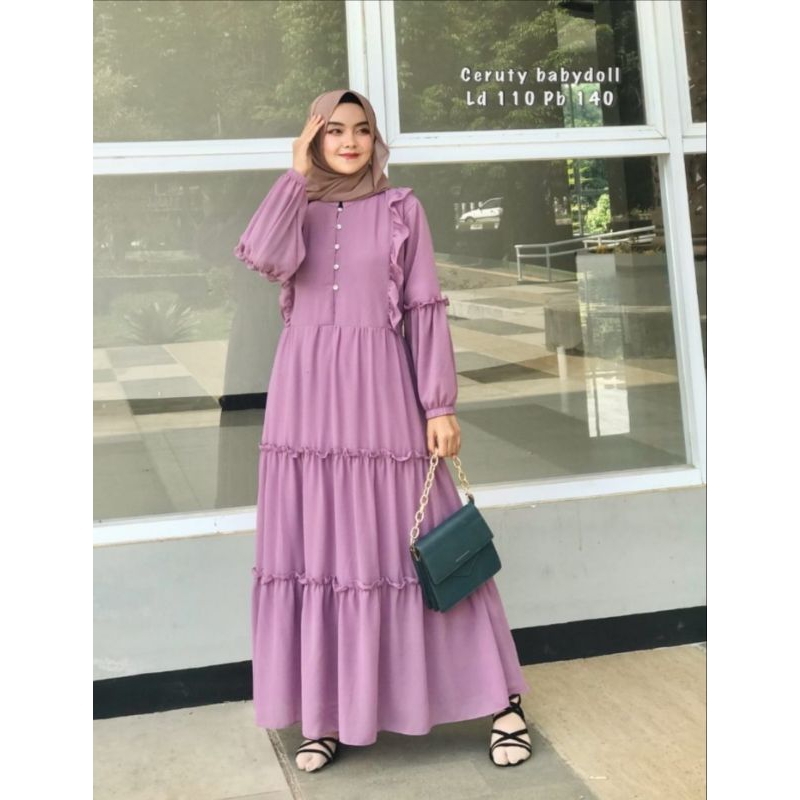 Gamis Ceruty Babydoll Polos Renda Atas Susun Canda Maxy Terbaru Busui Kekinian