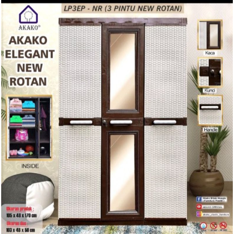 Lemari Plastii Akako 3p Gantunt Lipatan LP3P Cermin Kunci/Lemari Rotan