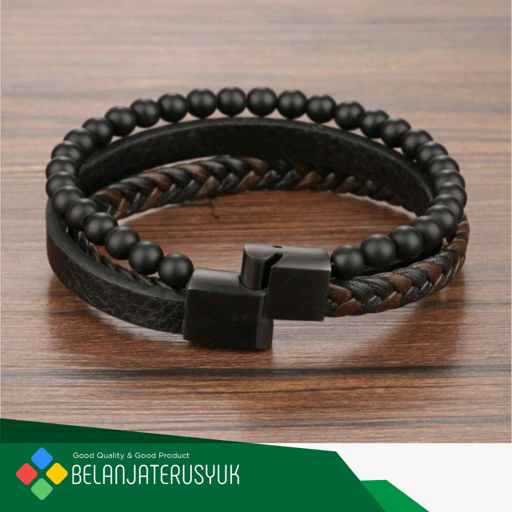 GELANG KULIT PRIA GESPER MAGNETIK OBSIDIAN BATU ALAM