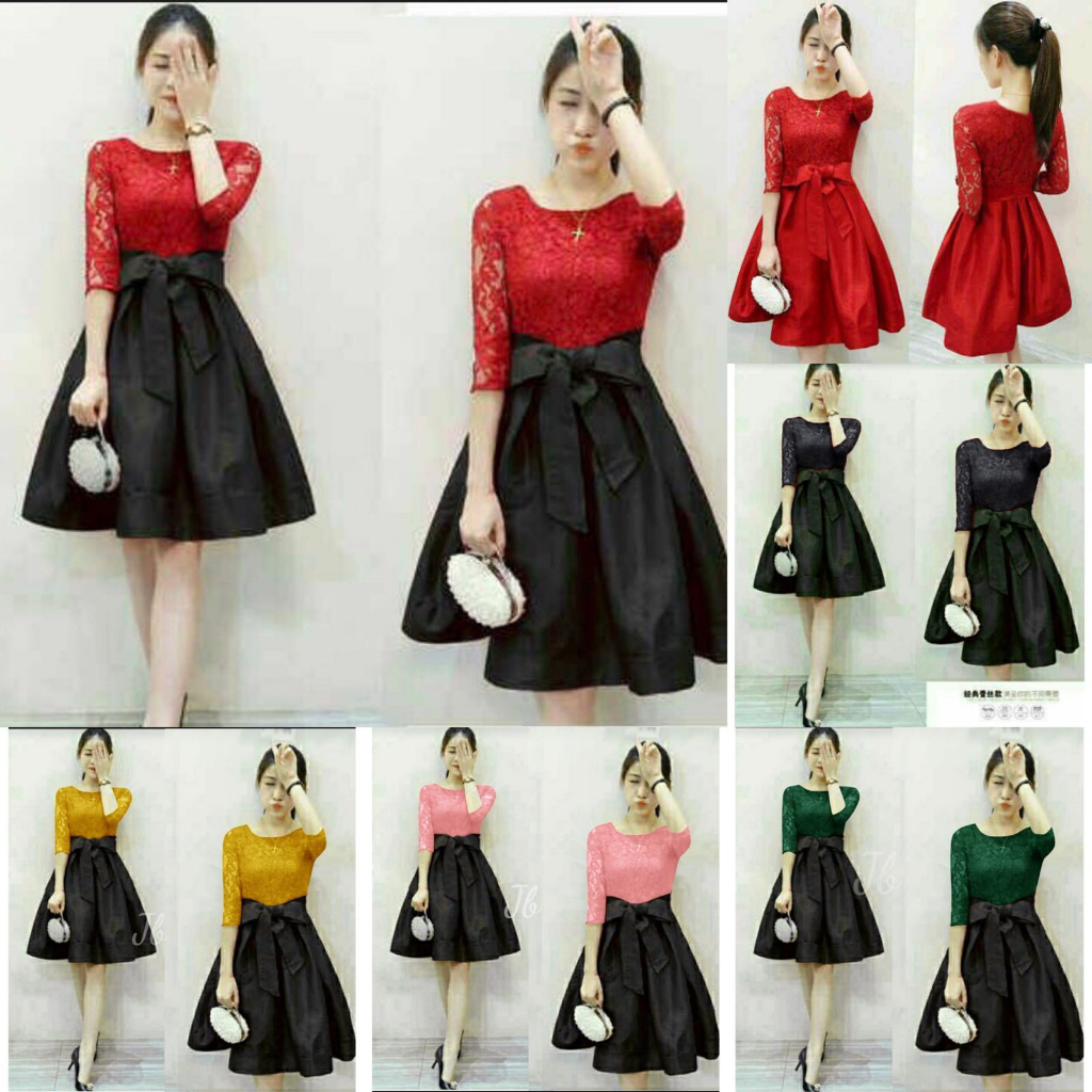 Baju Kondangan Wanita Dress Korea Polos Hitam Merah Midi Dress Korean Style Brokat Lengan Panjang Br