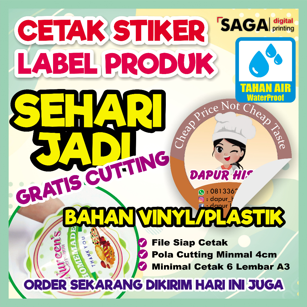 

Cetak Stiker VINYL PLASTIK TAHAN AIR Label/ minuman/ Kemasan / Stiker makanan plus Cutting ukuran A3+ berkualitas