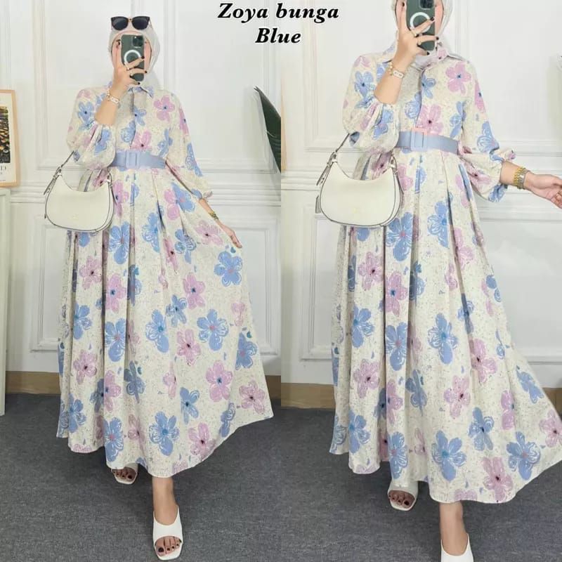 Gamis Zoya Bunga Maxy Crinkel Free Belt Terbaru Busui Kekinian Ori