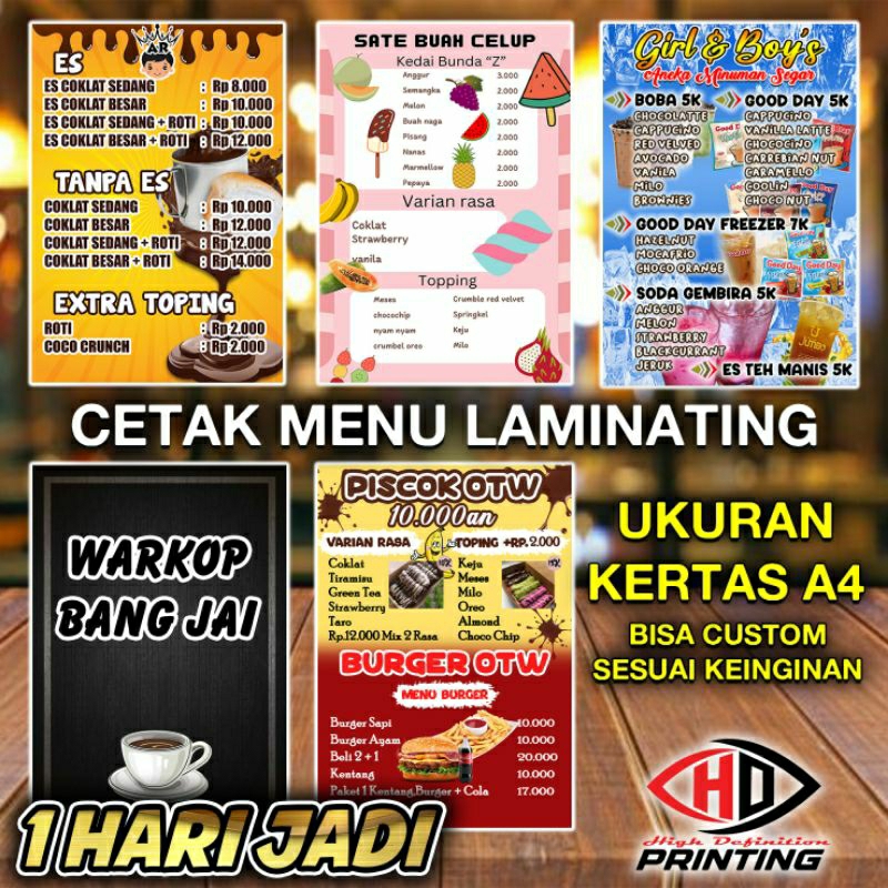 Cetak Daftar Menu Laminating A4 / Papan Menu / Menu Resto / Menu Makanan