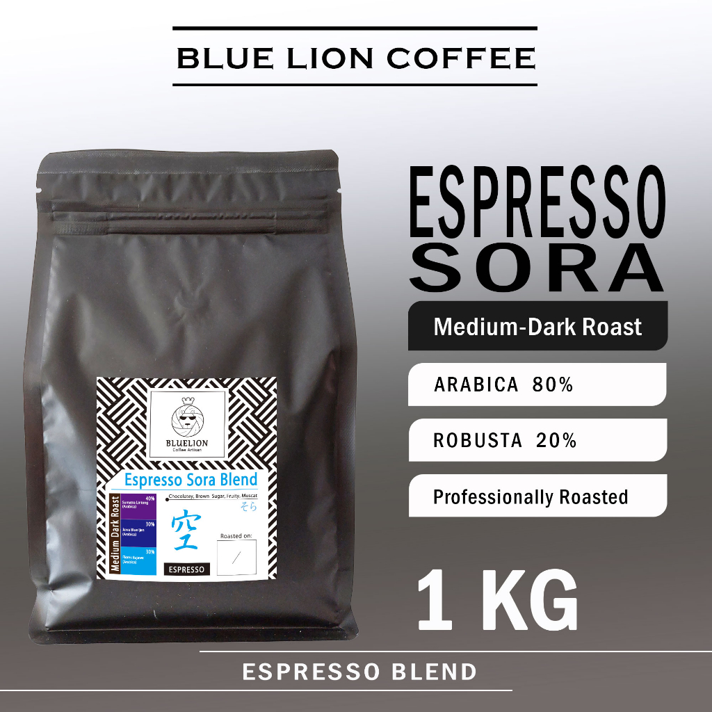 

Espresso Sora Blend 1 KG Medium Dark Roast Biji Kopi Bubuk 20 Robusta 80 Arabica Blue Lion Coffee