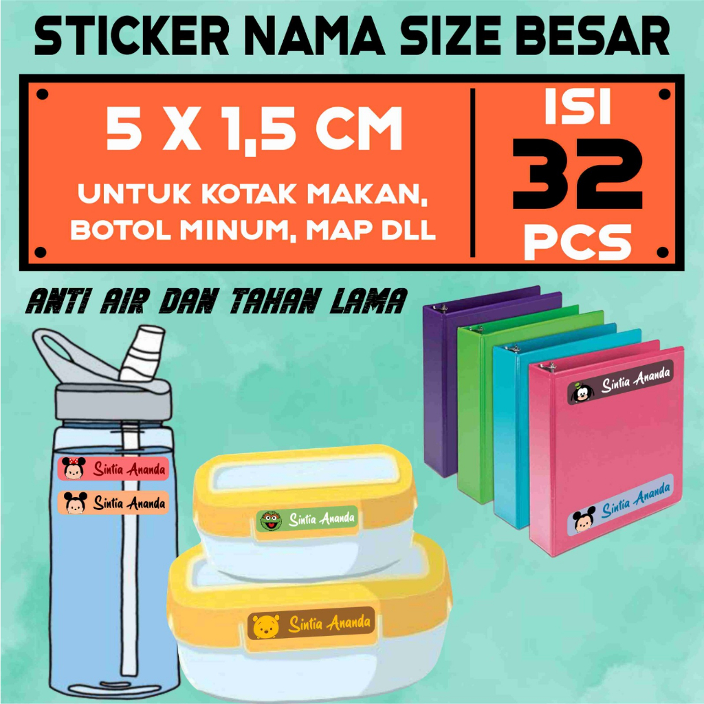 

Stiker Label Nama Custom Ukuran Besar isi 32 pcs Label Nama Anak Waterproof Tahan Air Stiker Pensil Label Pensil Label Botol Minum sticker tempat makan stiker mainan Warna Warni karakter Disney Muslim Muslimah Super Hero Aesthetic Perlengkapan Sekolah