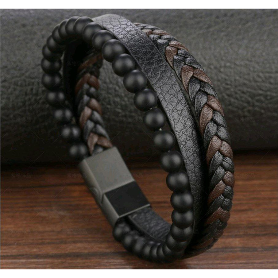 GELANG KULIT PRIA GESPER MAGNETIK OBSIDIAN BATU ALAM